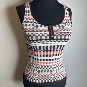 Retro New York & Co Small Striped Ribbed Sleeveless Tank Top Stretchy Buttons